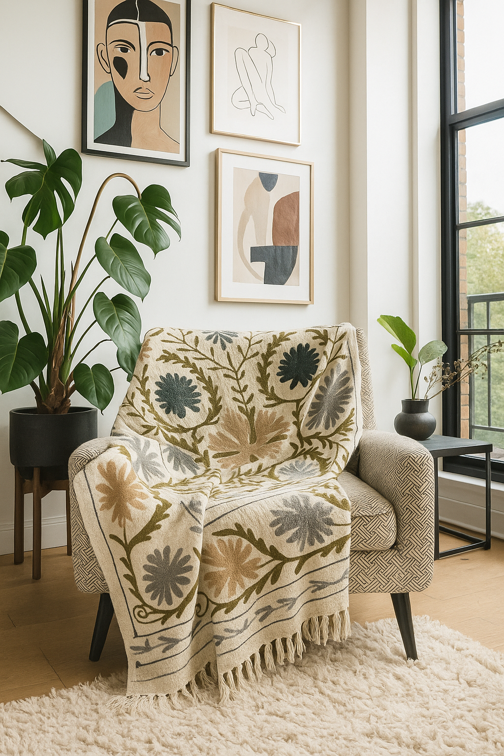 Midnight Garden Hand- Embroidered Cotton Throw Blanket