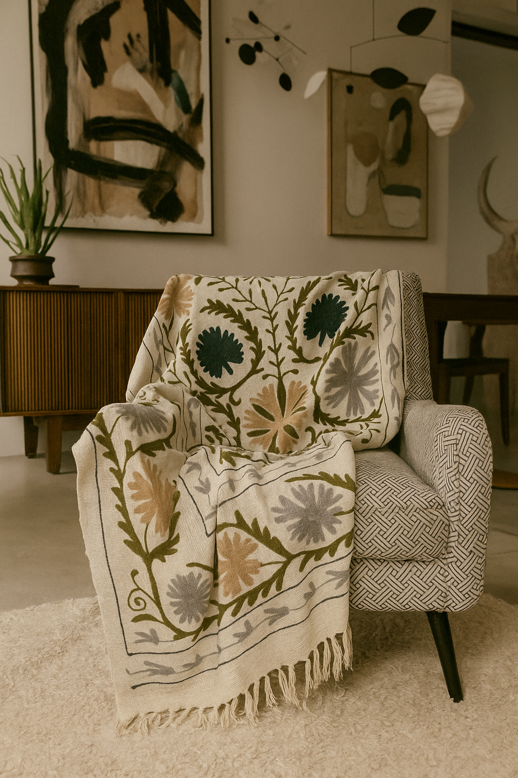 Midnight Garden Hand- Embroidered Cotton Throw Blanket