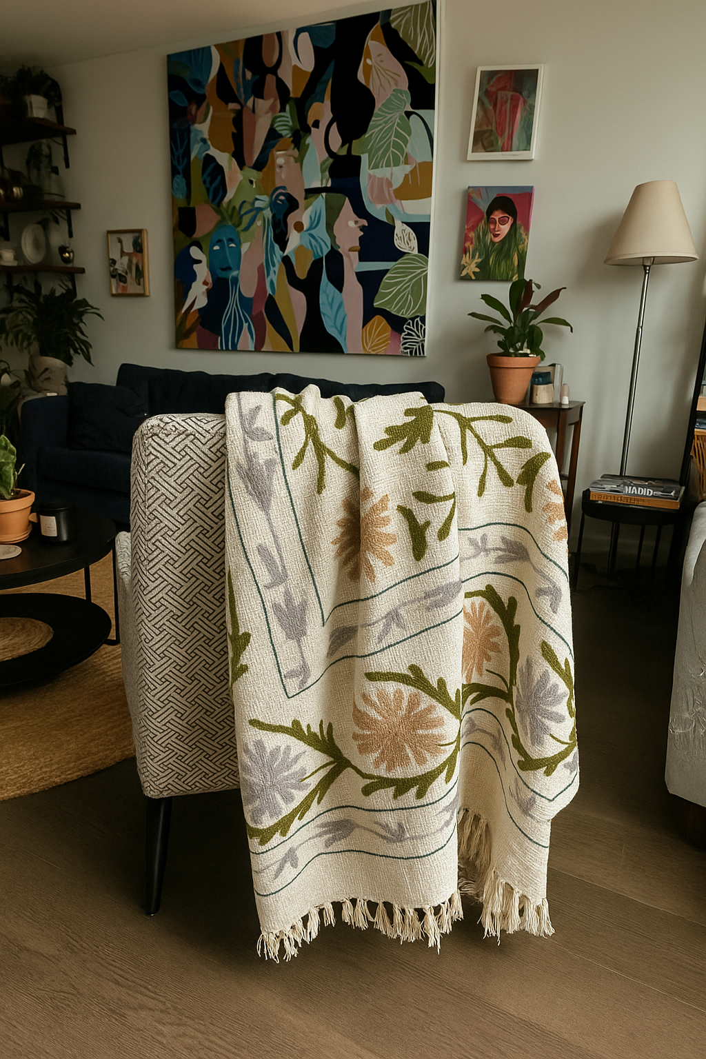 Midnight Garden Hand- Embroidered Cotton Throw Blanket