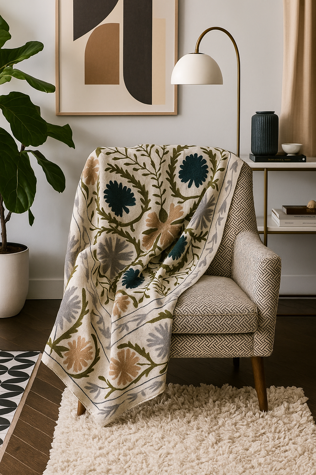 Midnight Garden Hand- Embroidered Cotton Throw Blanket