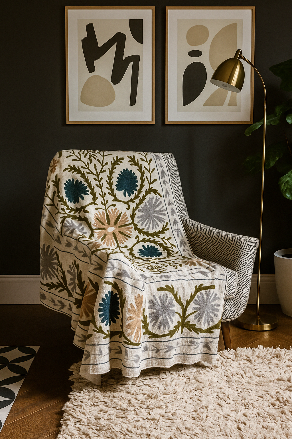 Midnight Garden Hand- Embroidered Cotton Throw Blanket