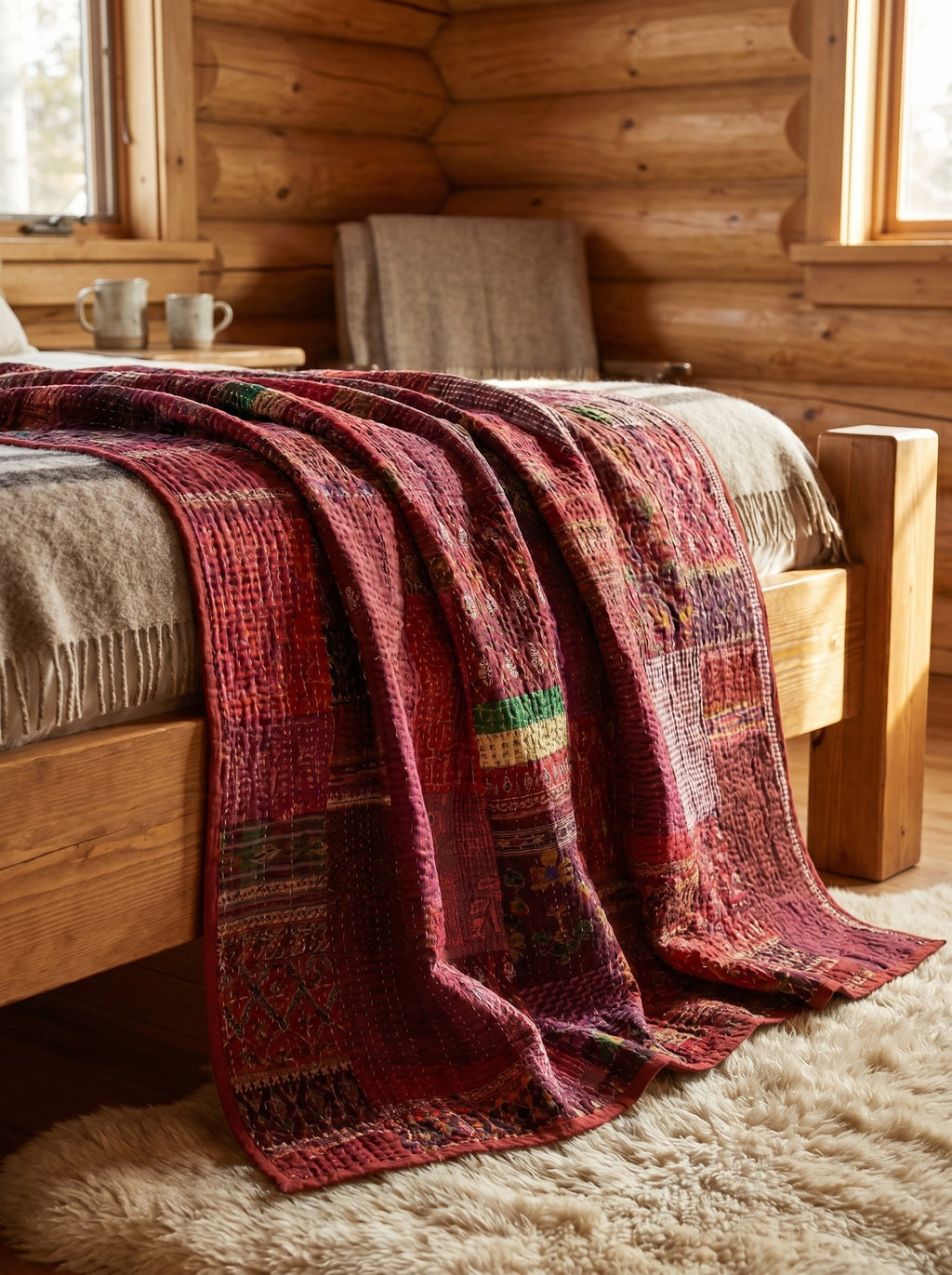 Stone Terracotta Handmade Patola Kantha King Bedspread