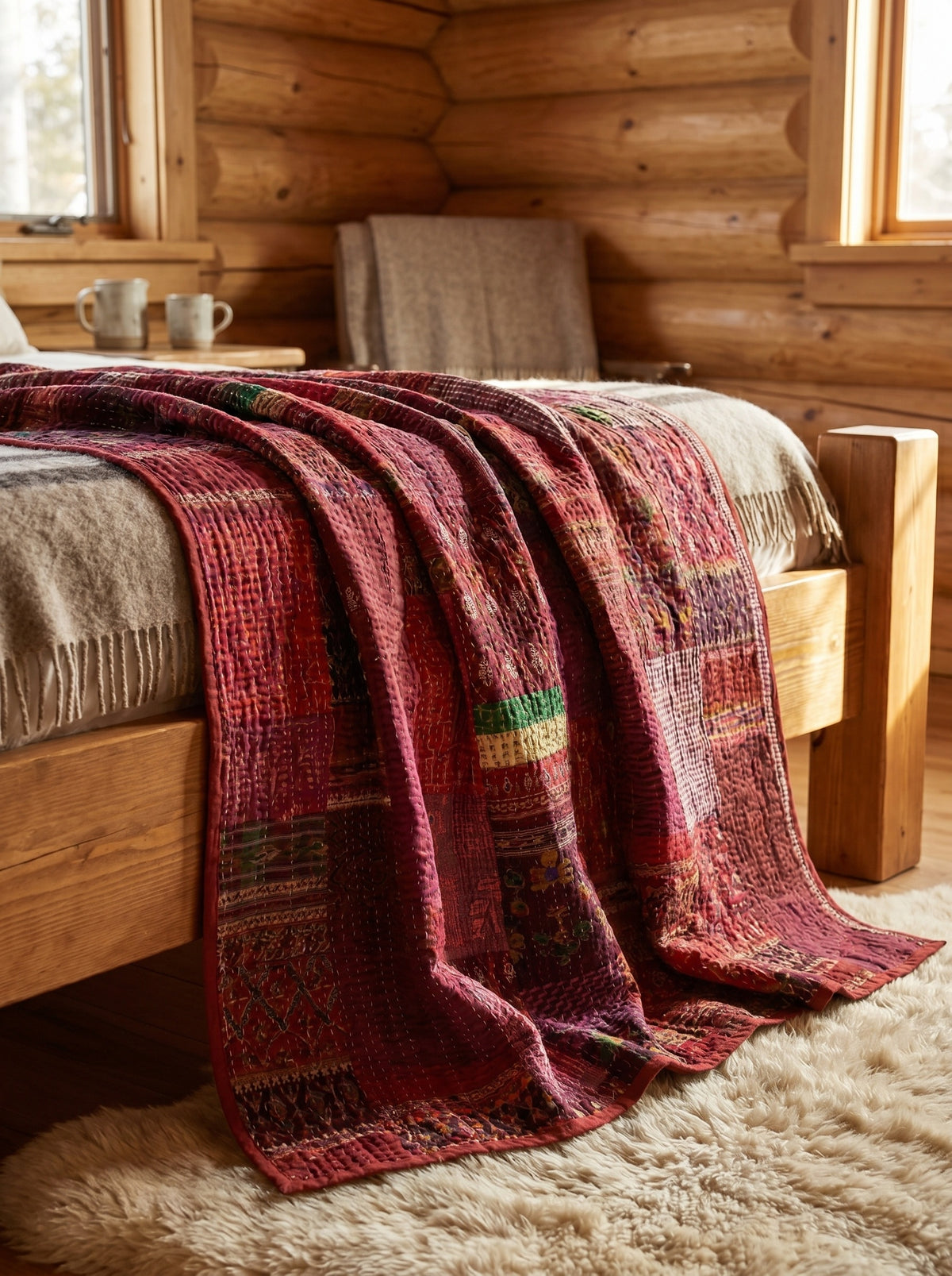 Stone Terracotta Handmade Patola Kantha King Bedspread