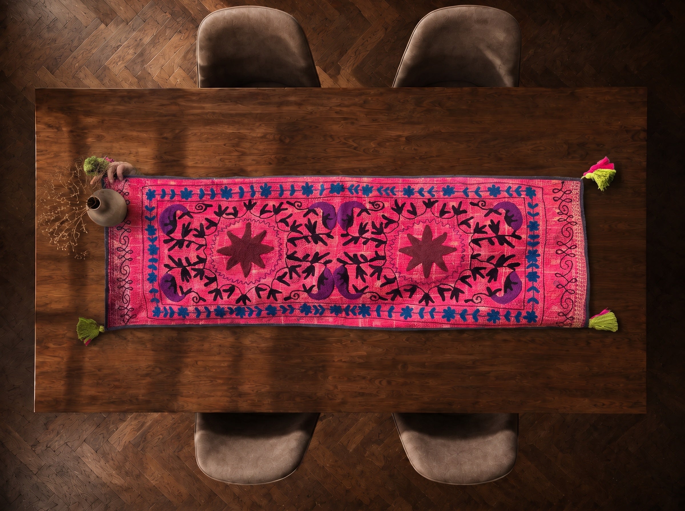 Woodland Bloom Exclusive Hand Embroidered Suzani Kantha Runner