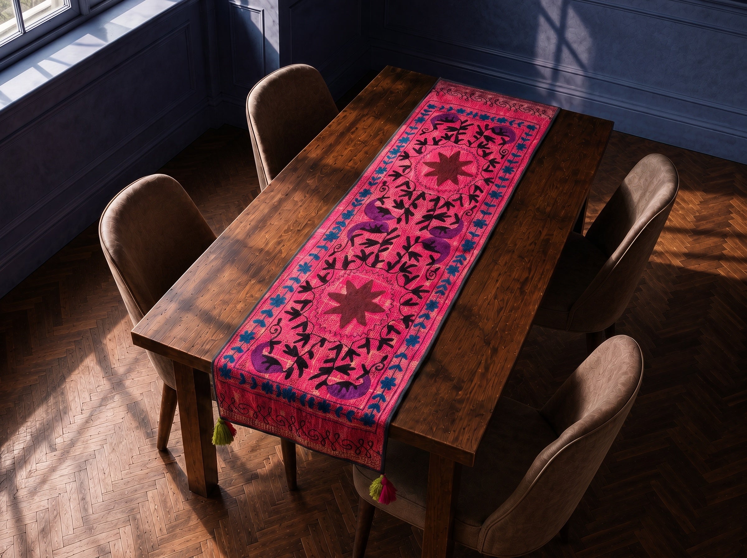 Woodland Bloom Exclusive Hand Embroidered Suzani Kantha Runner