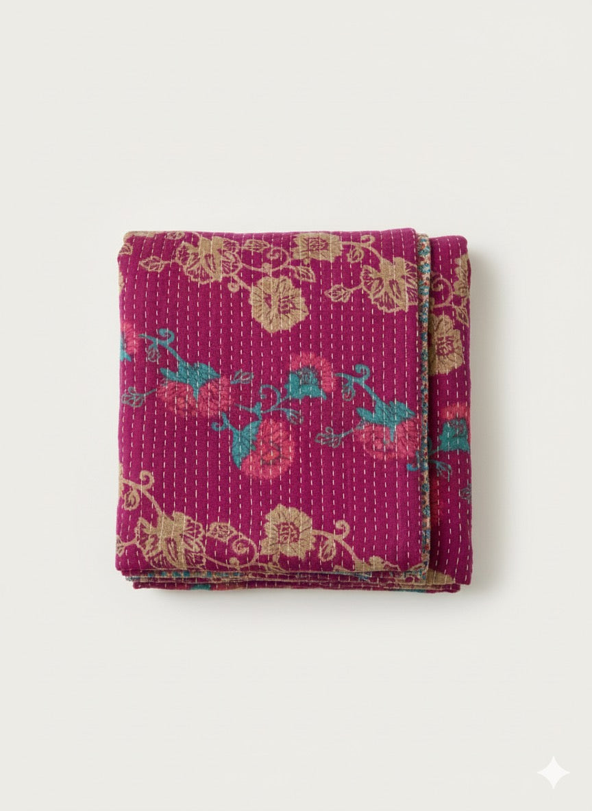 Bougainvillea Bliss Hand-Made Kantha Throw Blanket