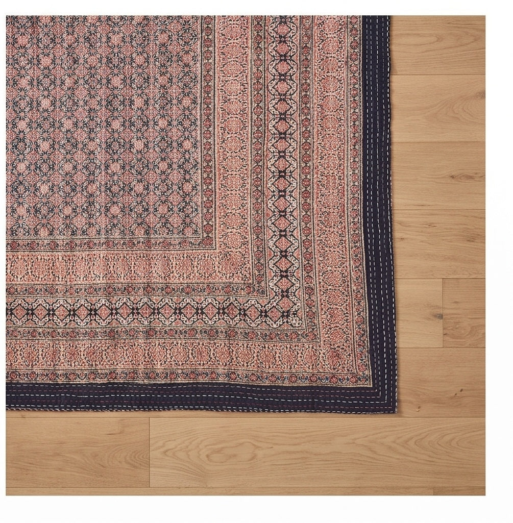 Serene Mist Handmade Ajrakh Queen Bedspread