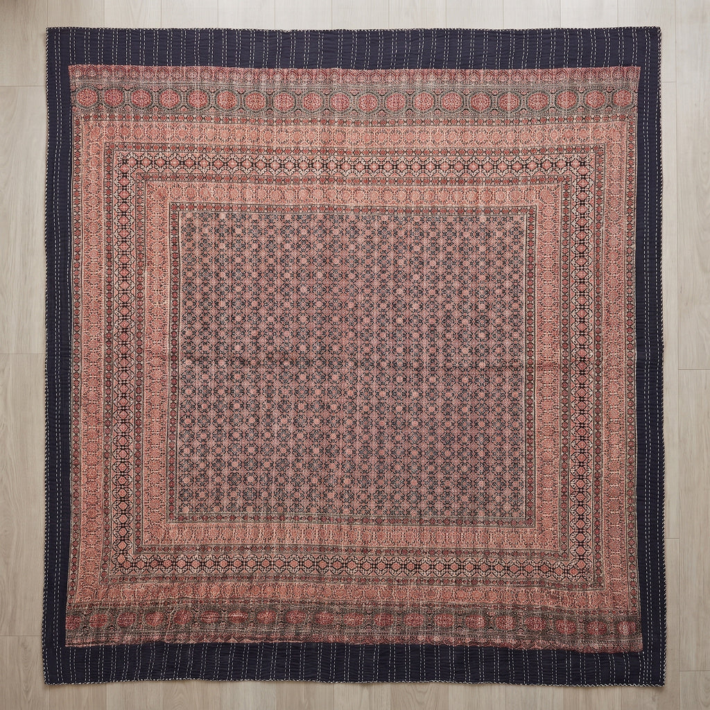 Serene Mist Handmade Ajrakh Queen Bedspread