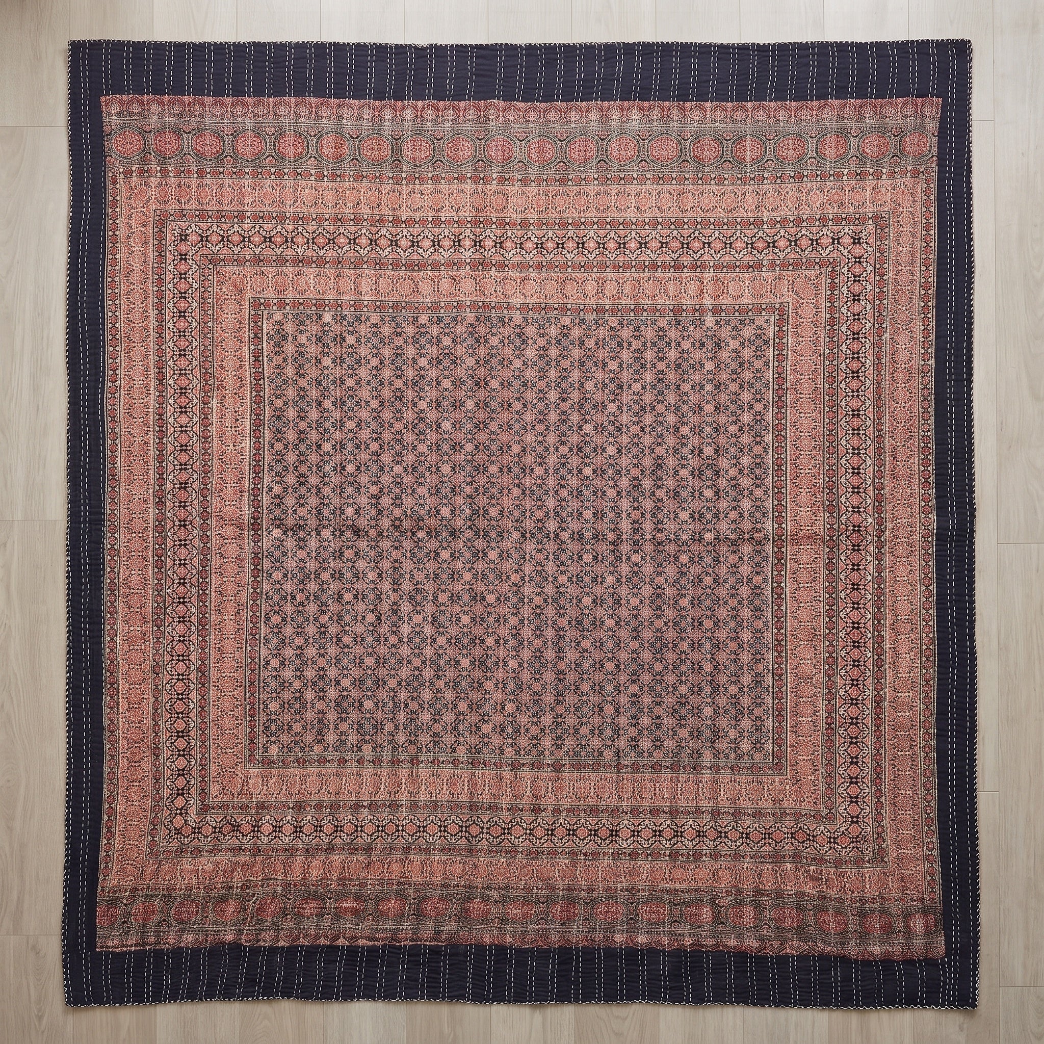 Serene Mist Handmade Ajrakh Queen Bedspread