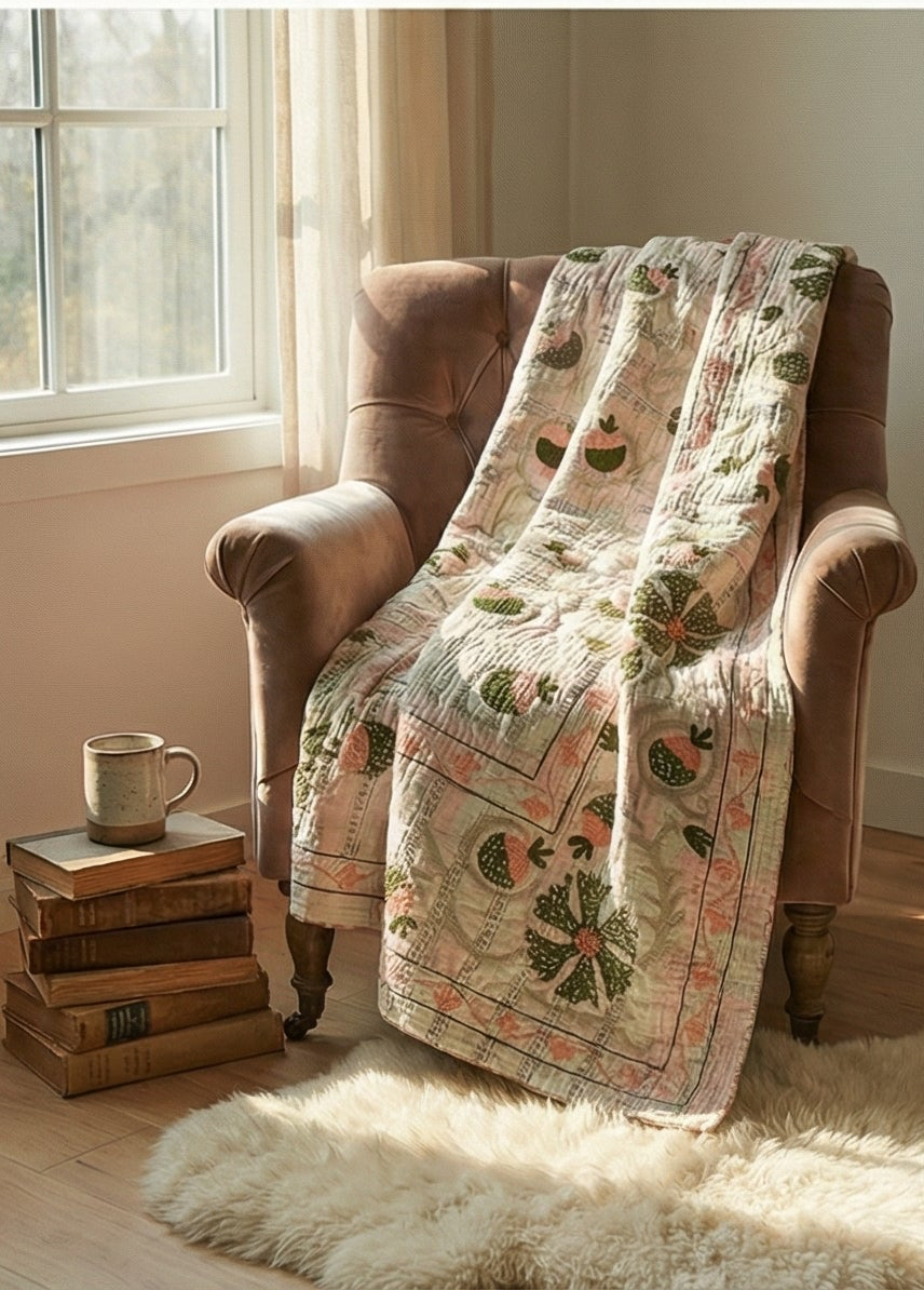 Floral quilt draped over a brown armchair next to a window with a cup and books on a small table.