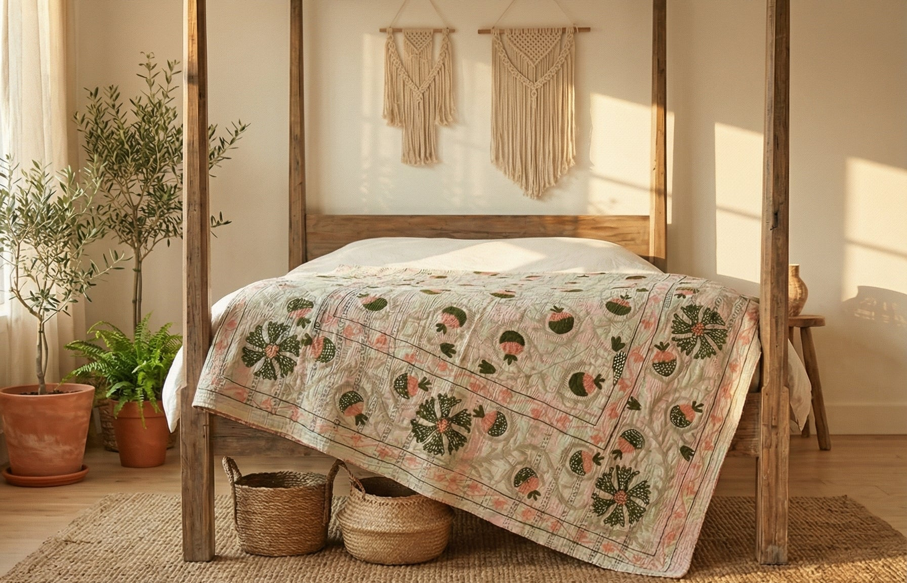 Bed with a floral quilt in a sunlit bedroom with plants and macrame art.