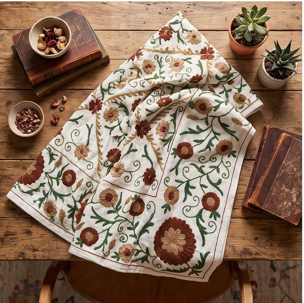 Winding Willow Hand-Embroidered Cotton Suzani Throw