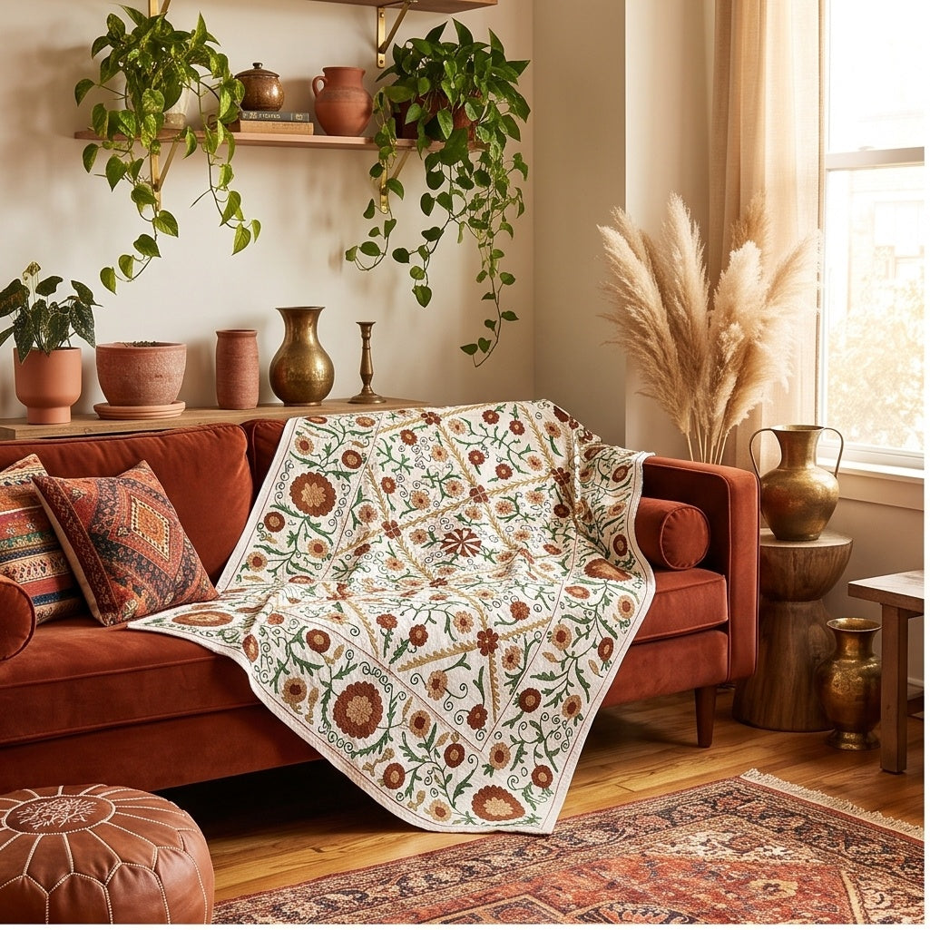 Winding Willow Hand-Embroidered Cotton Suzani Throw