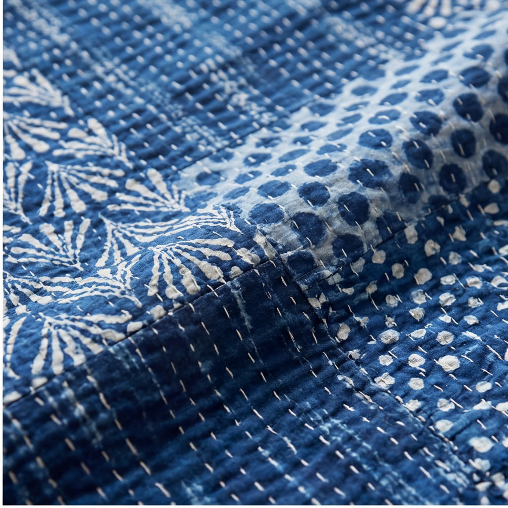 Indigo Patchwork Kantha Queen Bed-spread (Reversible)