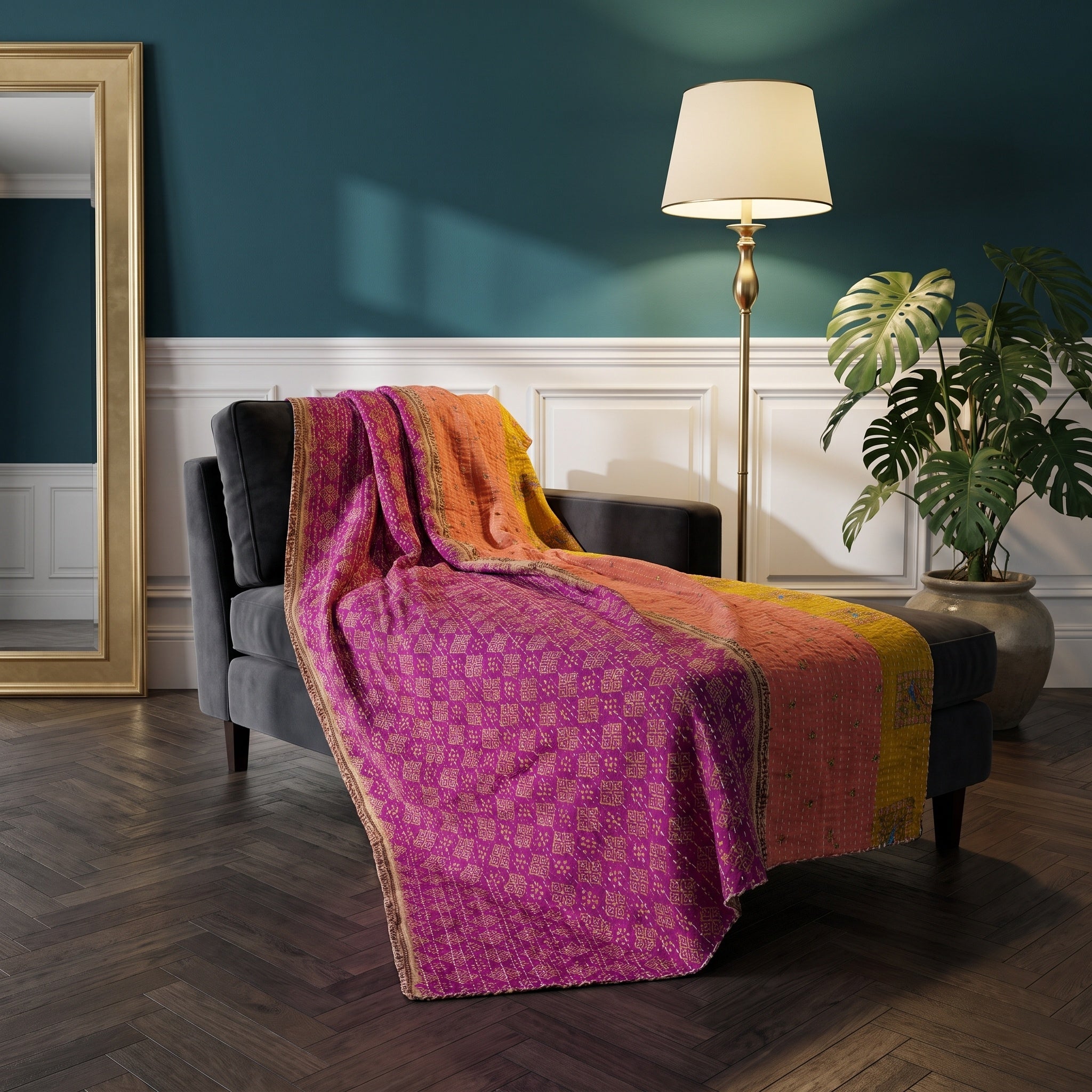 Jeté de lit Lotus Haze en coton Kantha vintage