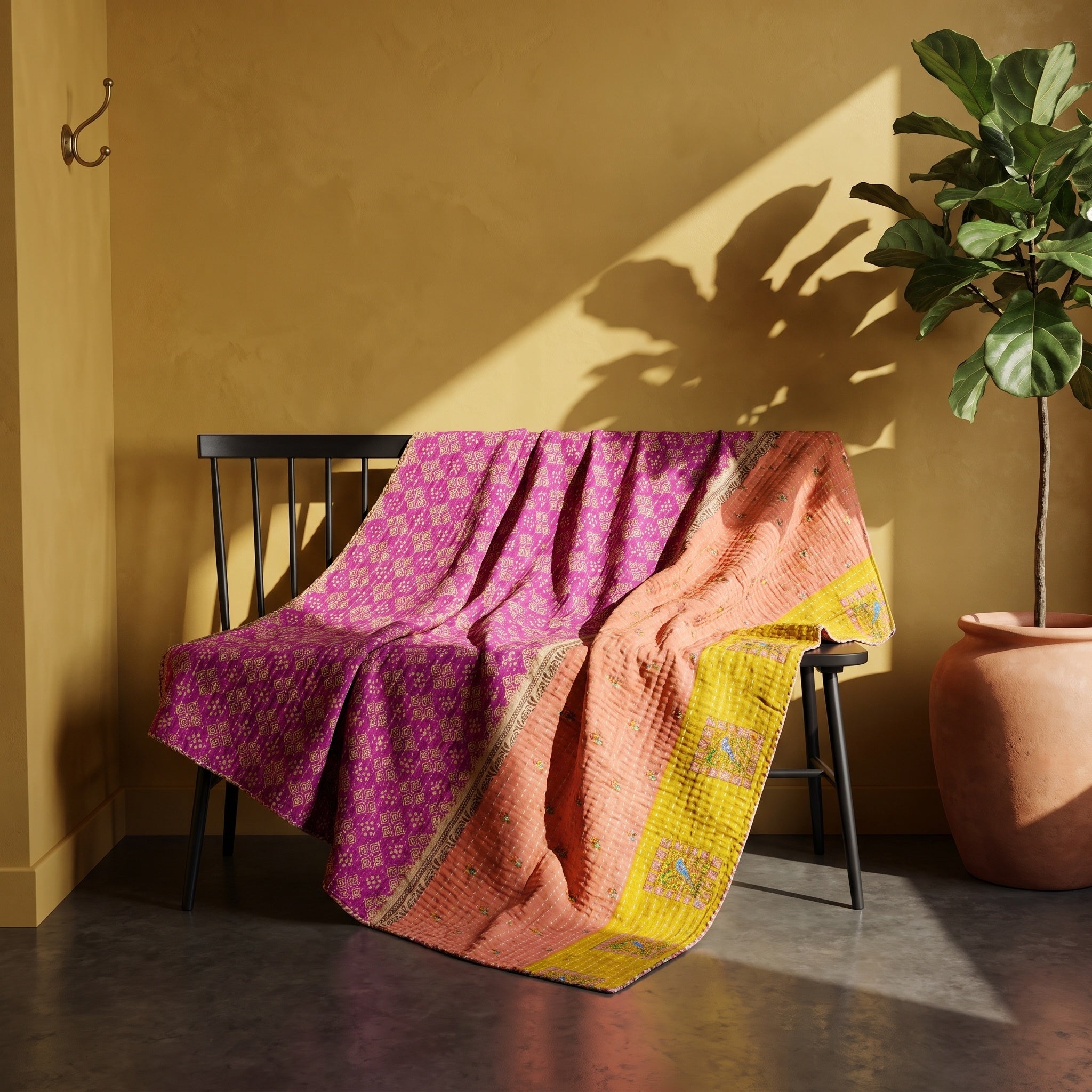 Lotus Haze Vintage Cotton Kantha Throw