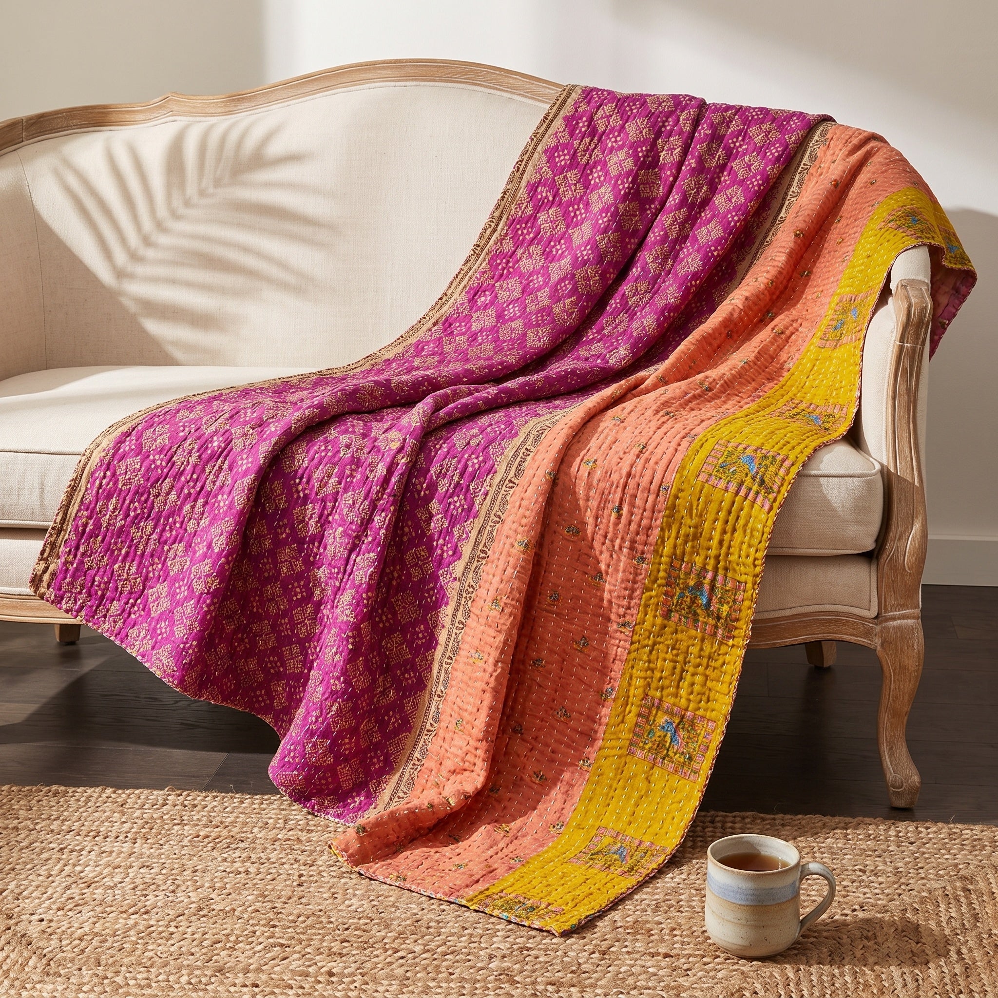 Jeté de lit Lotus Haze en coton Kantha vintage