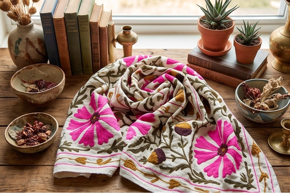 Settling Sorrel Hand-Embroidered Velvet Suzani Throw