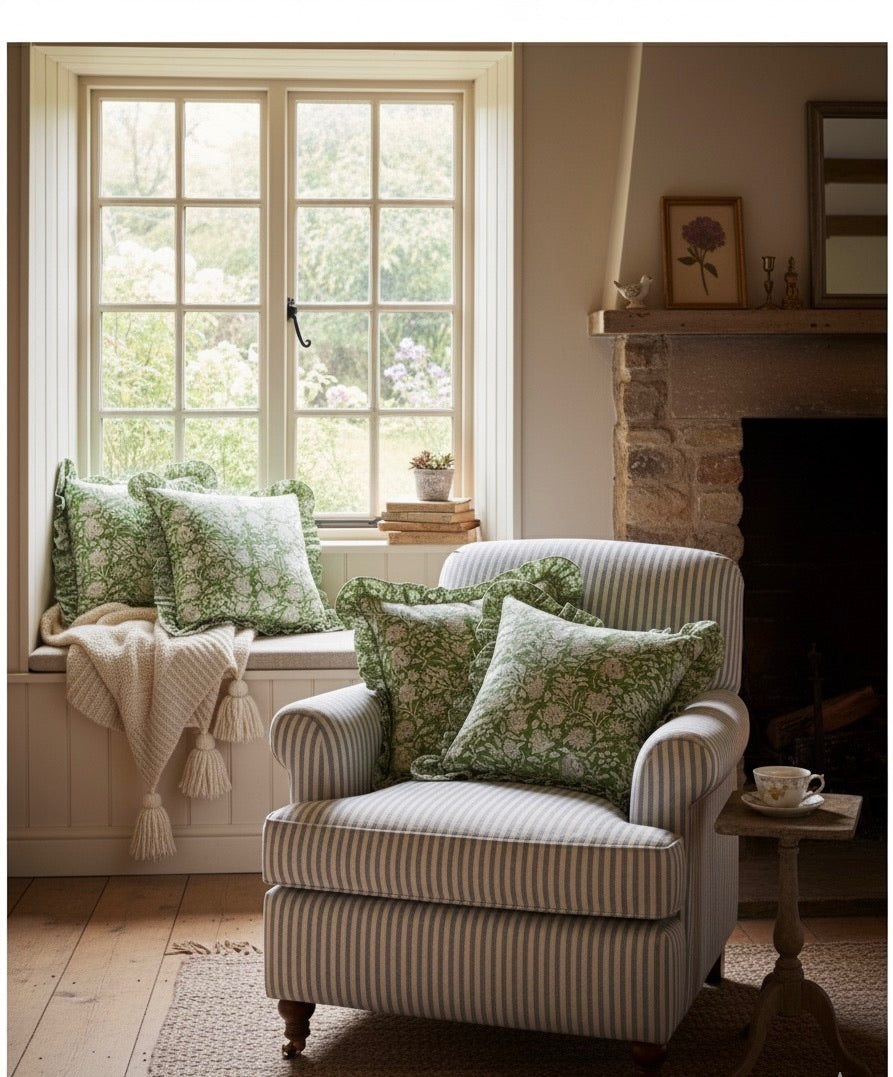 Verdant Bloom Ruffled Cotton Cushion Cover