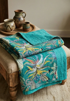 Emerald Canopy Cotton Hand-Made Kantha Throw Blanket