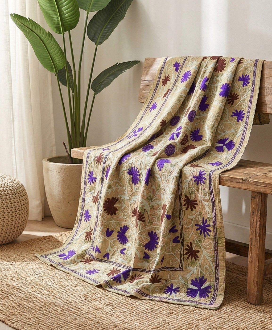 Amethyst Vine Luxury Vintage Suzani Kantha Throw Blanket