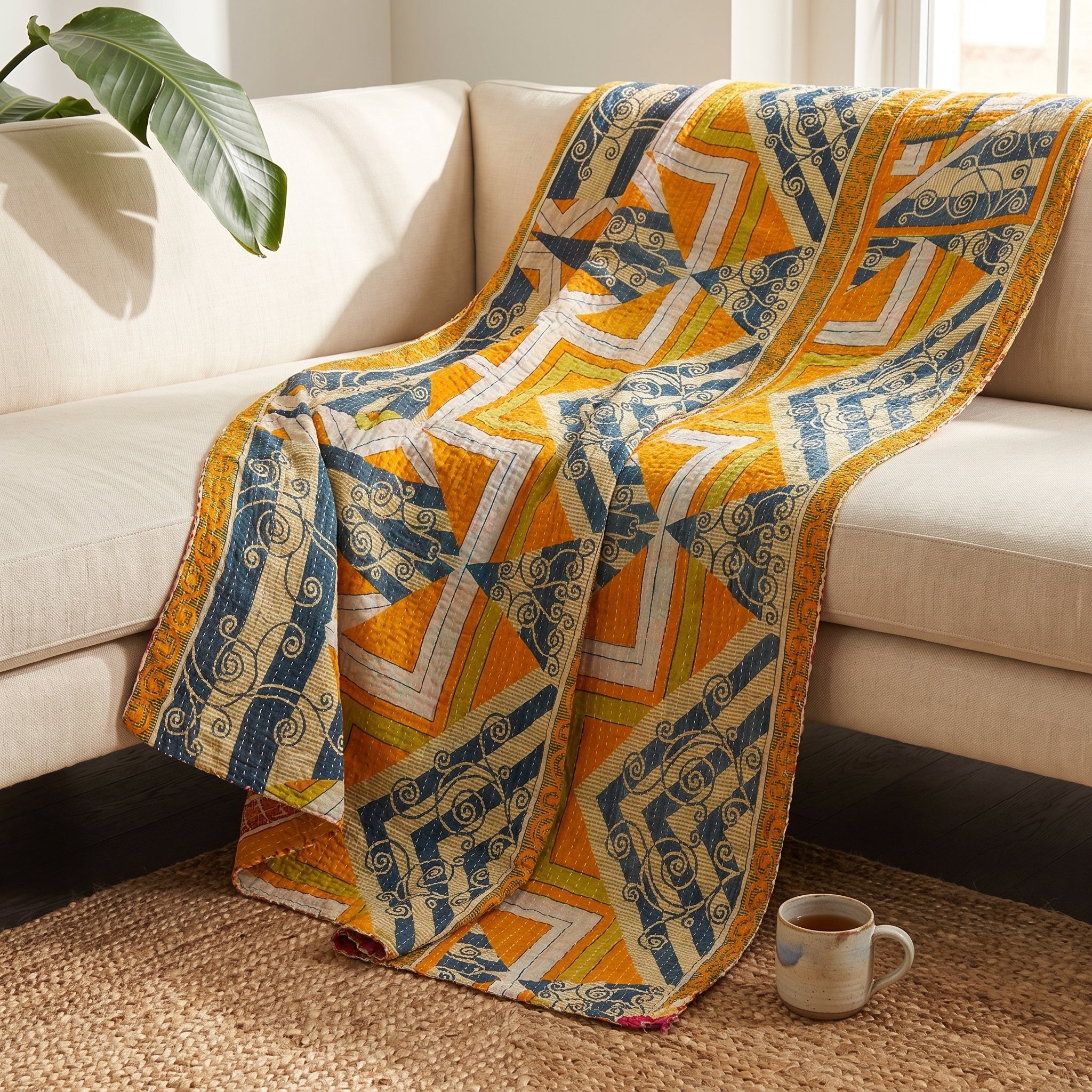 Jeté de lit Kantha en coton vintage Dream Bloom