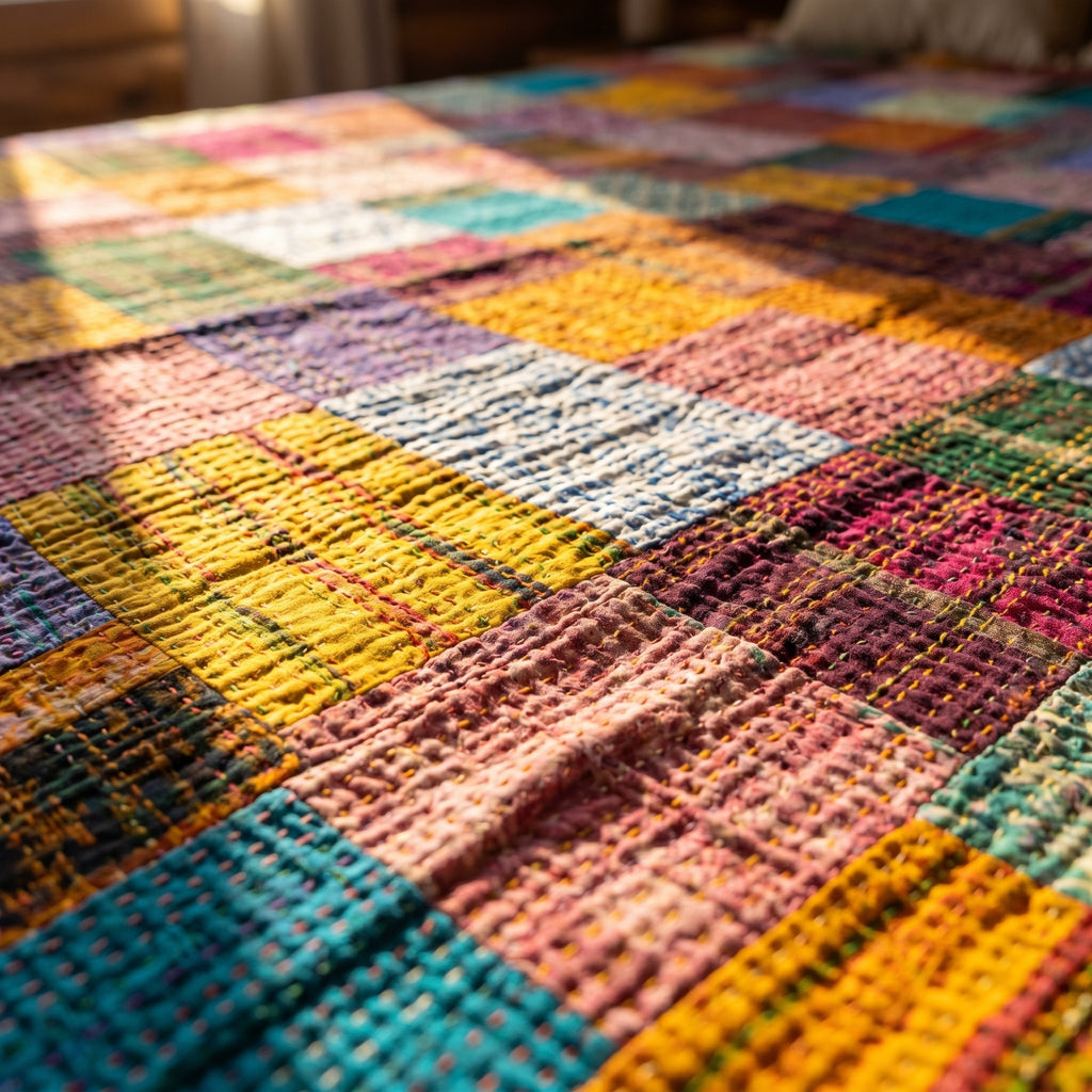 Saffron Verse Handmade Patola Kantha Bedspread