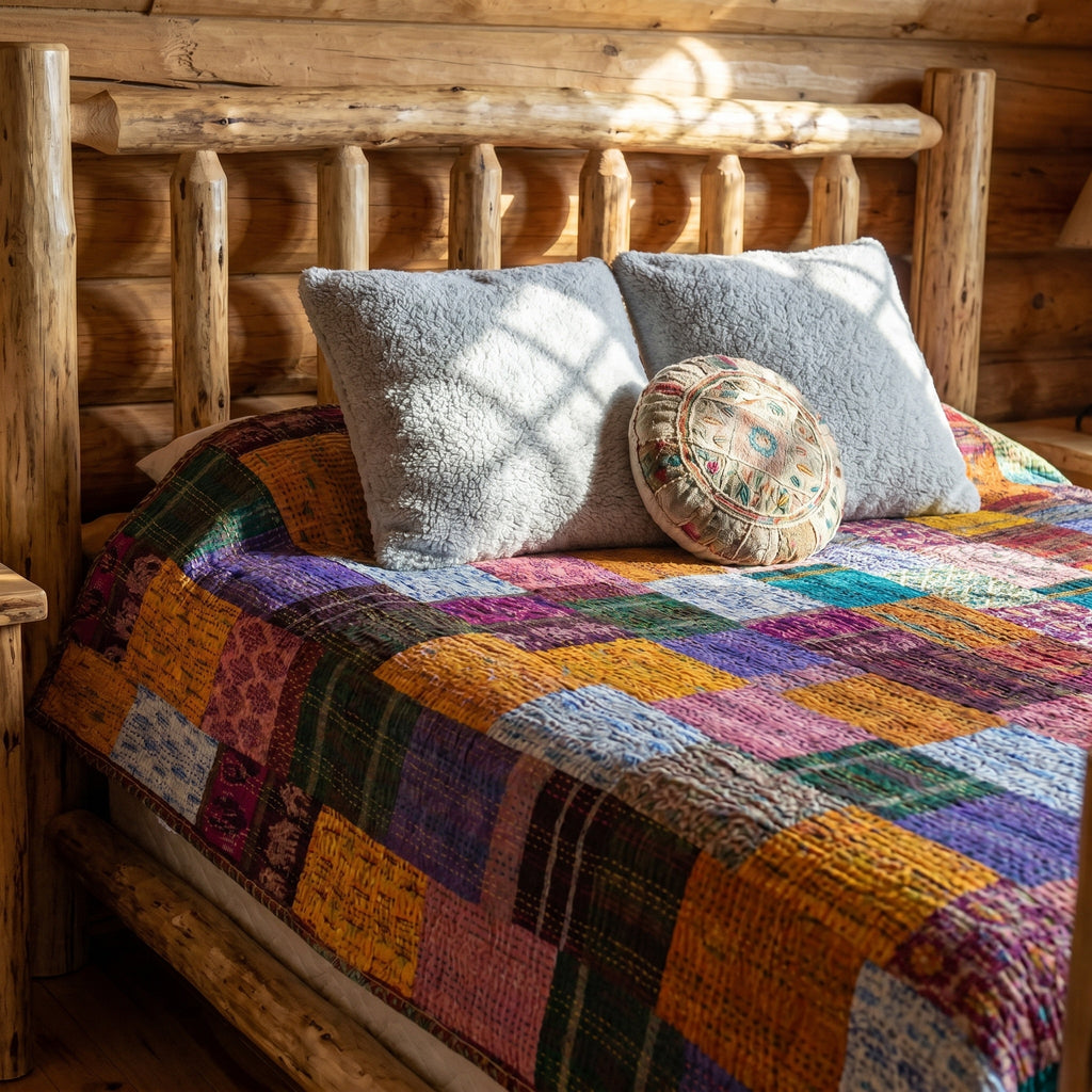 Saffron Verse Handmade Patola Kantha Bedspread