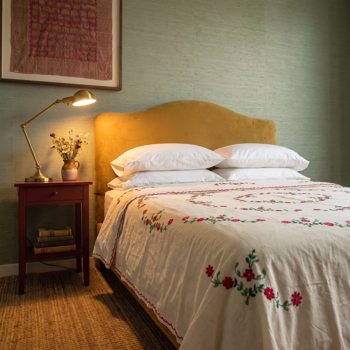 Verdant Fern Embroidered Cotton Queen Bedspread
