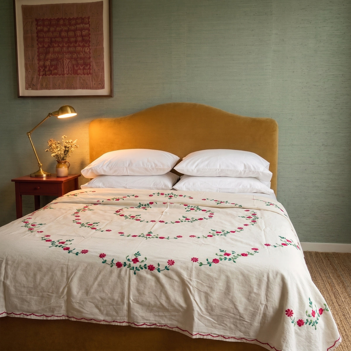 Verdant Fern Embroidered Cotton Queen Bedspread