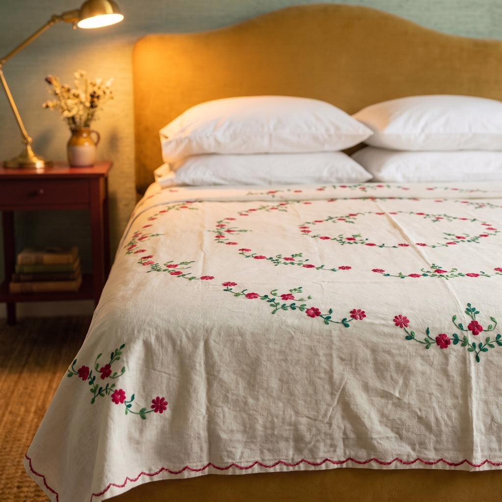 Verdant Fern Embroidered Cotton Queen Bedspread