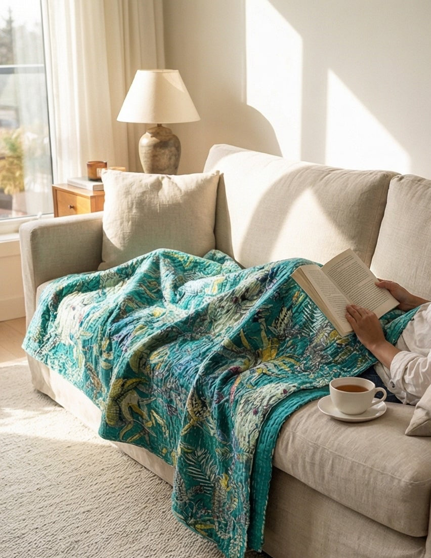Emerald Canopy Cotton Hand-Made Kantha Throw Blanket
