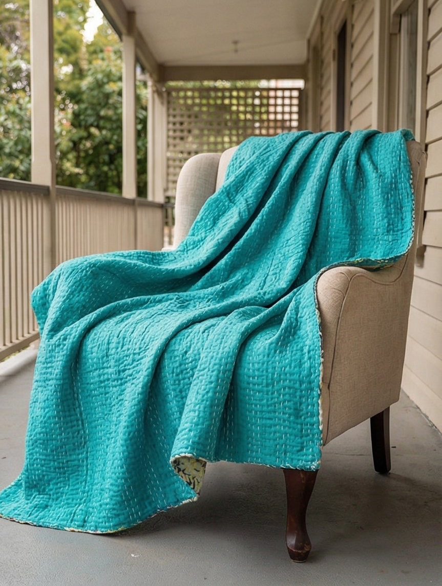 Emerald Canopy Cotton Hand-Made Kantha Throw Blanket