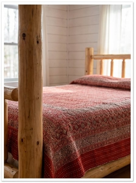 Couvre-lit Queen en Kantha Ajrak Fait Main Cramoisi Indigo