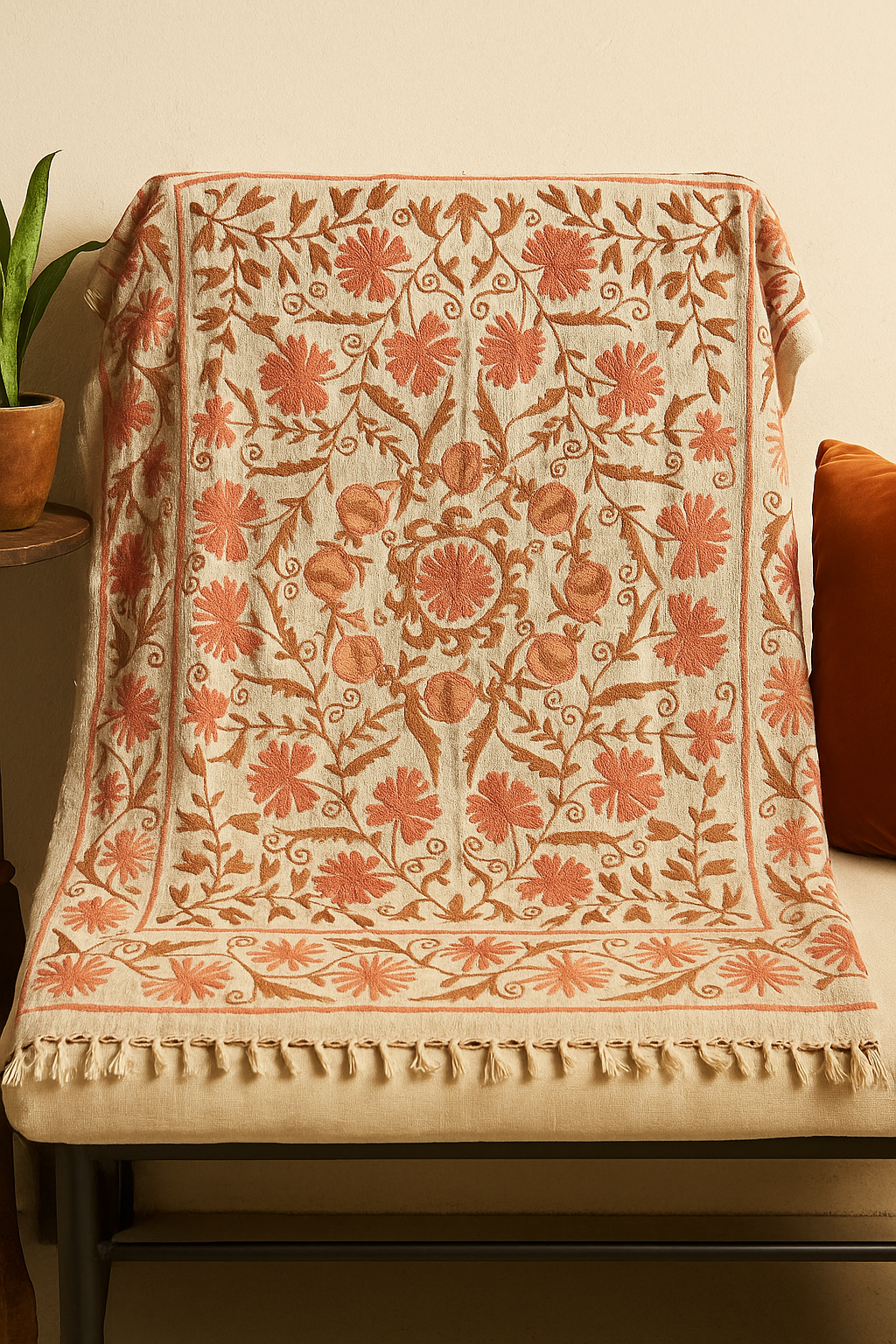 Tangerine Blossom Hand Embroidered Throw Blanket