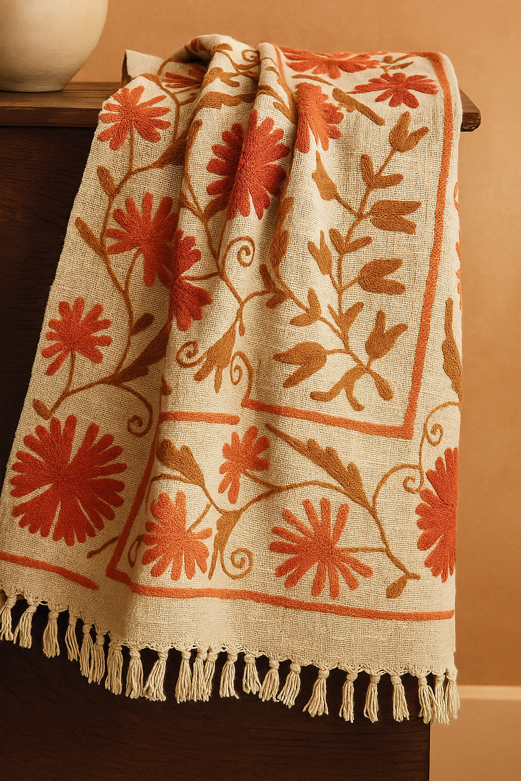 Tangerine Blossom Hand Embroidered Throw Blanket