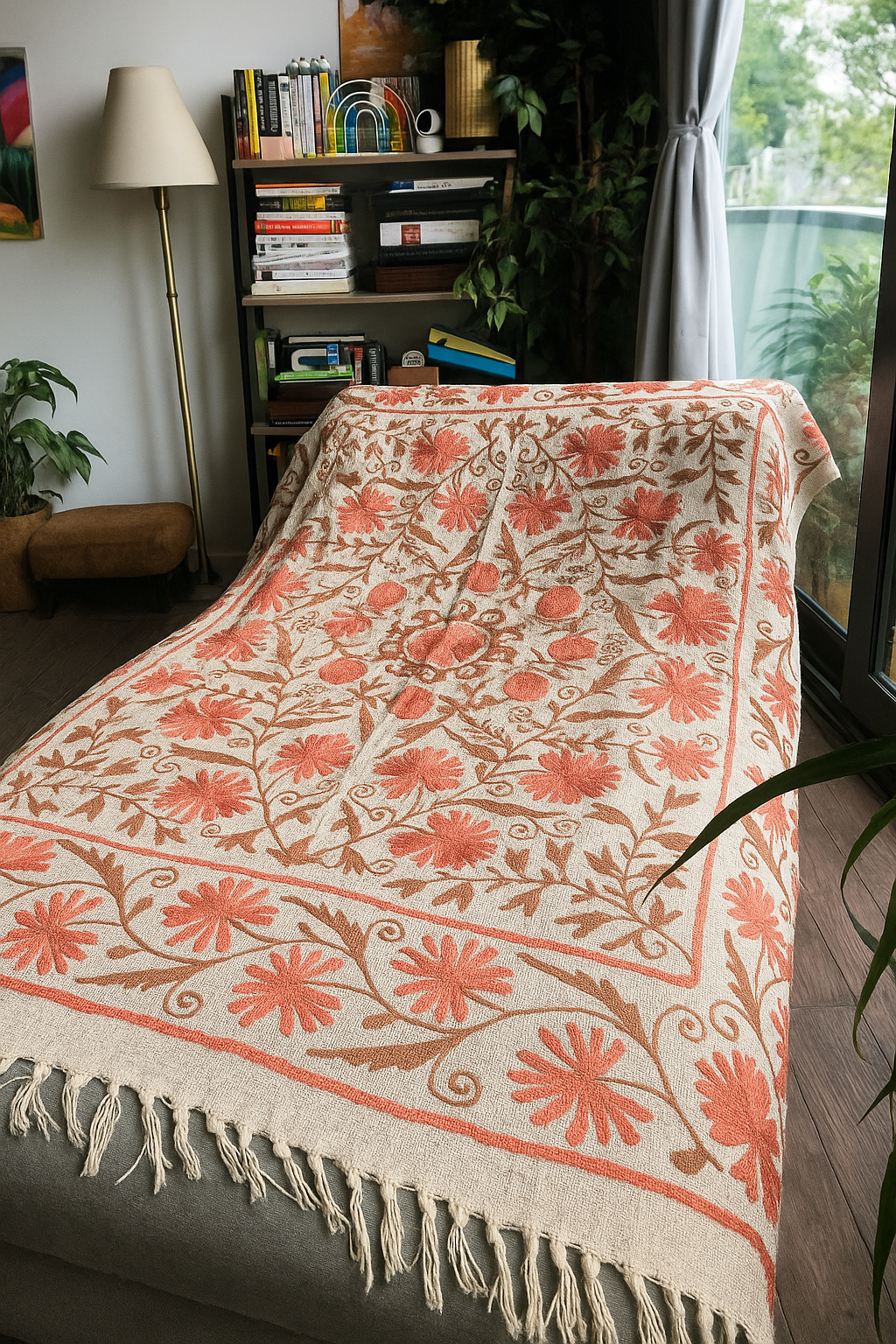 Tangerine Blossom Hand Embroidered Throw Blanket