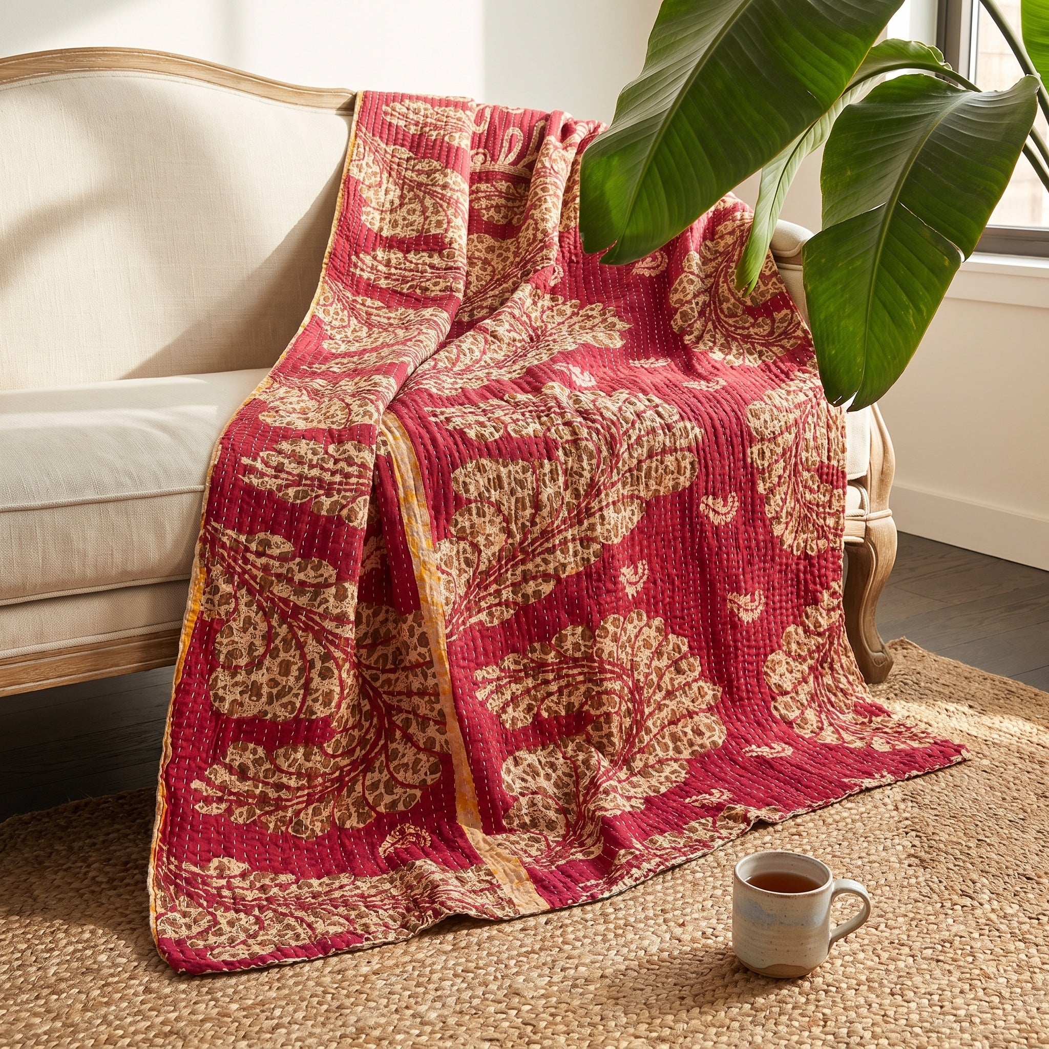 Jeté de lit Kantha en coton vintage Dream Bloom
