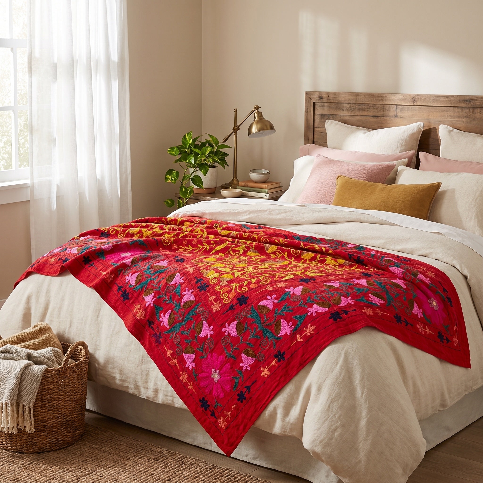 Dappled Dell Hand-Embroidered Cotton Suzani Throw