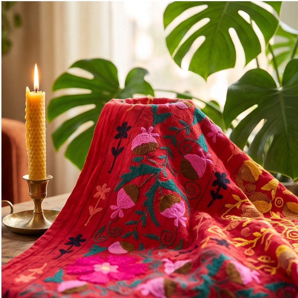 Dappled Dell Hand-Embroidered Cotton Suzani Throw