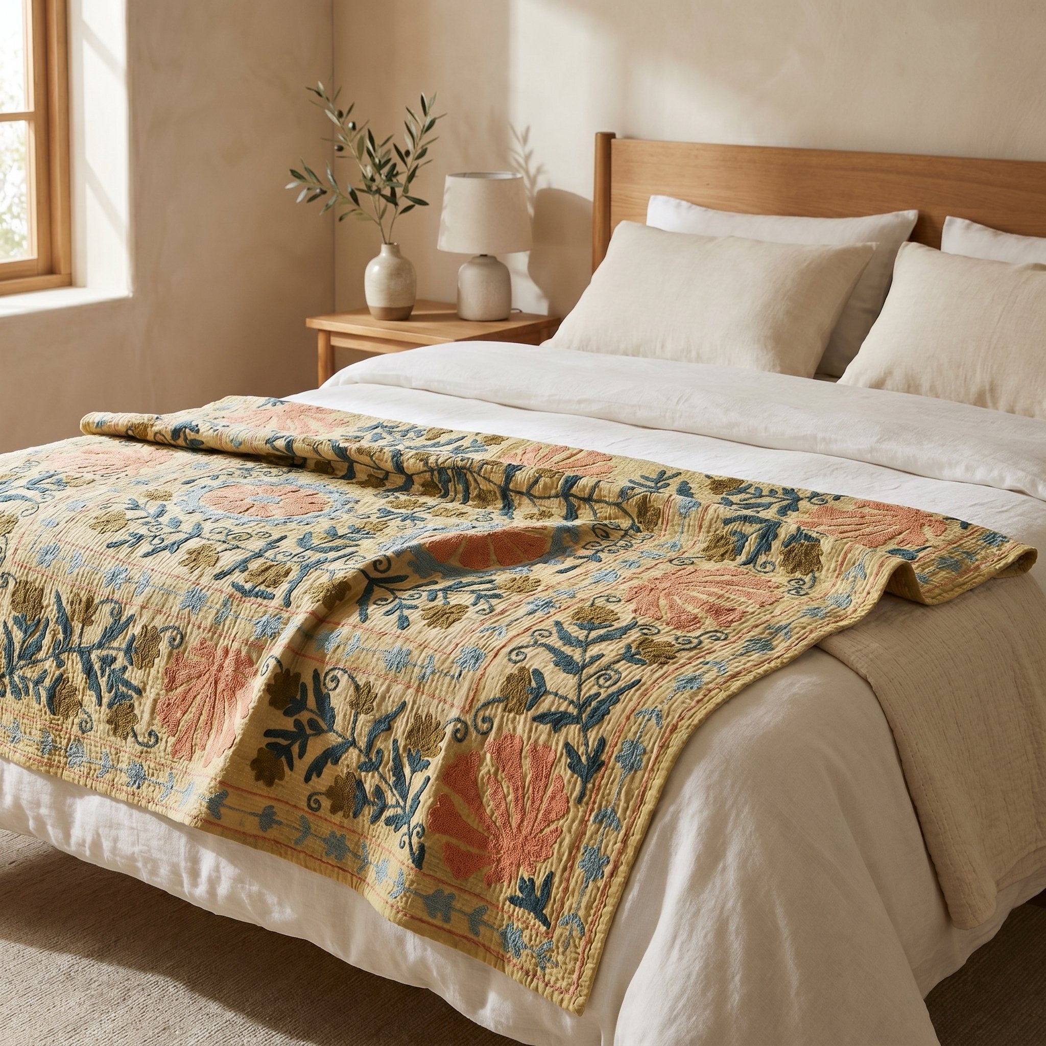 Soft Fern Luxury Vintage Suzani Kantha Throw