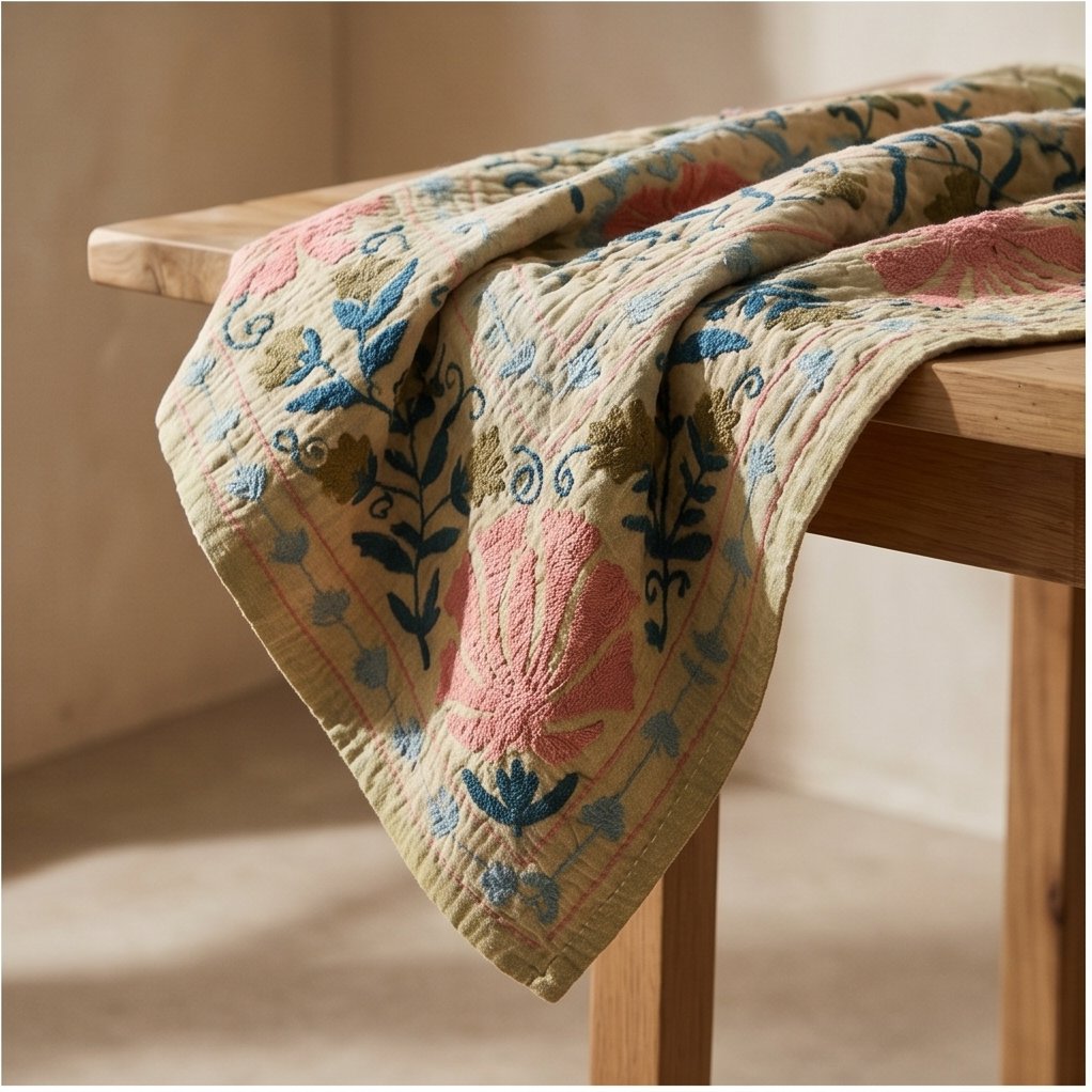 Soft Fern Luxury Vintage Suzani Kantha Throw