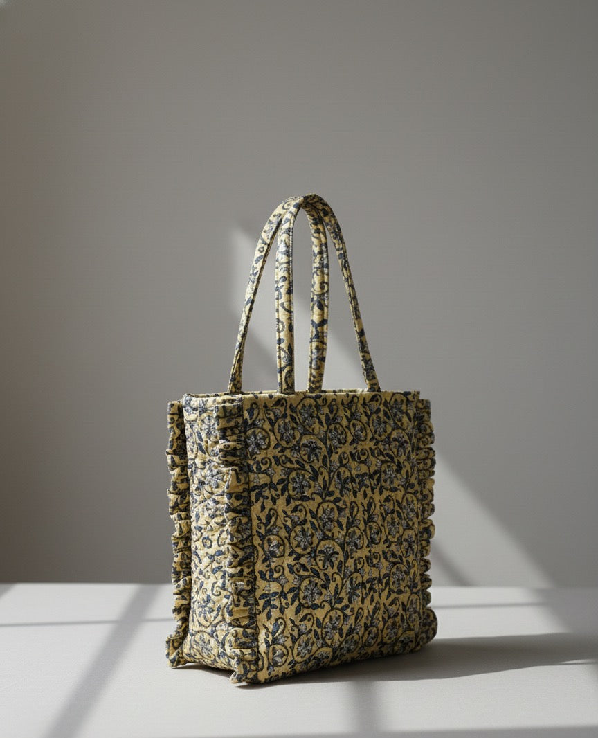 Yellow Floral Ruffle Tote Bag