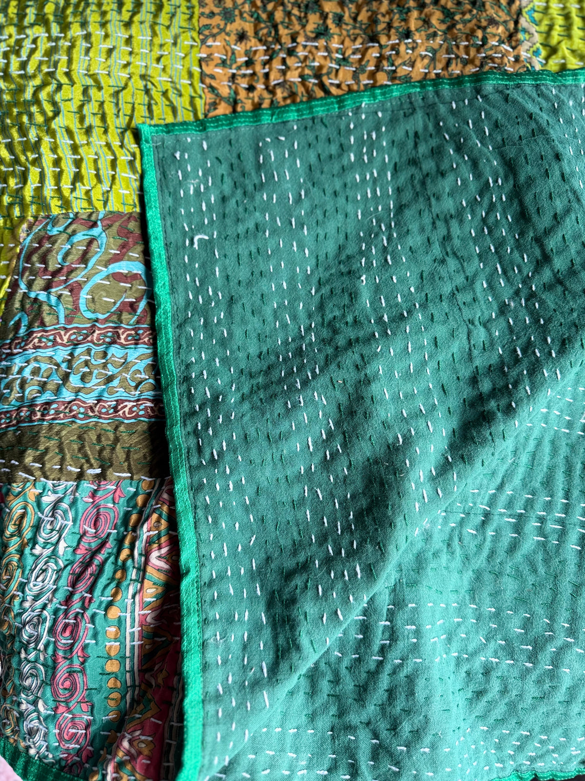 Dew Mist Handmade Kantha Patchwork Queen Bedspread
