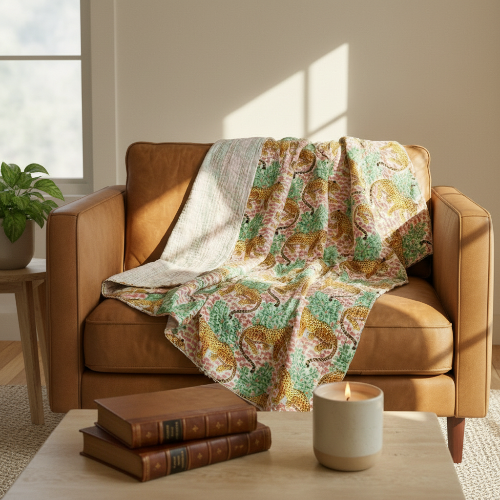 Wild Pink Safari Grand Kantha throw