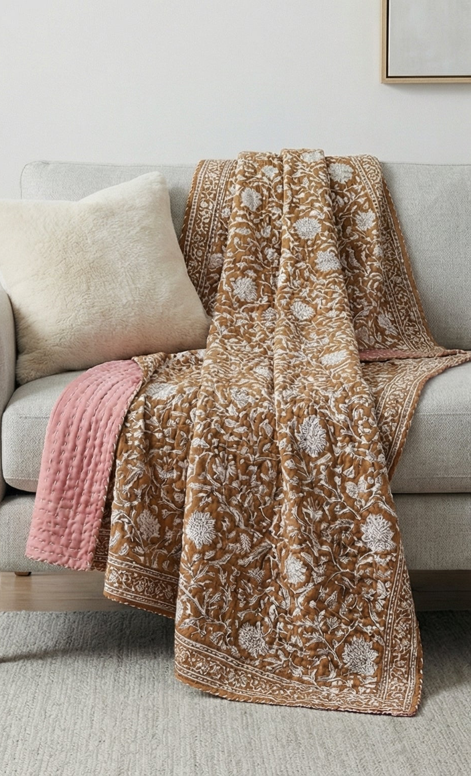 Saffron Rose Cotton Hand-Made Kantha Throw Blanket