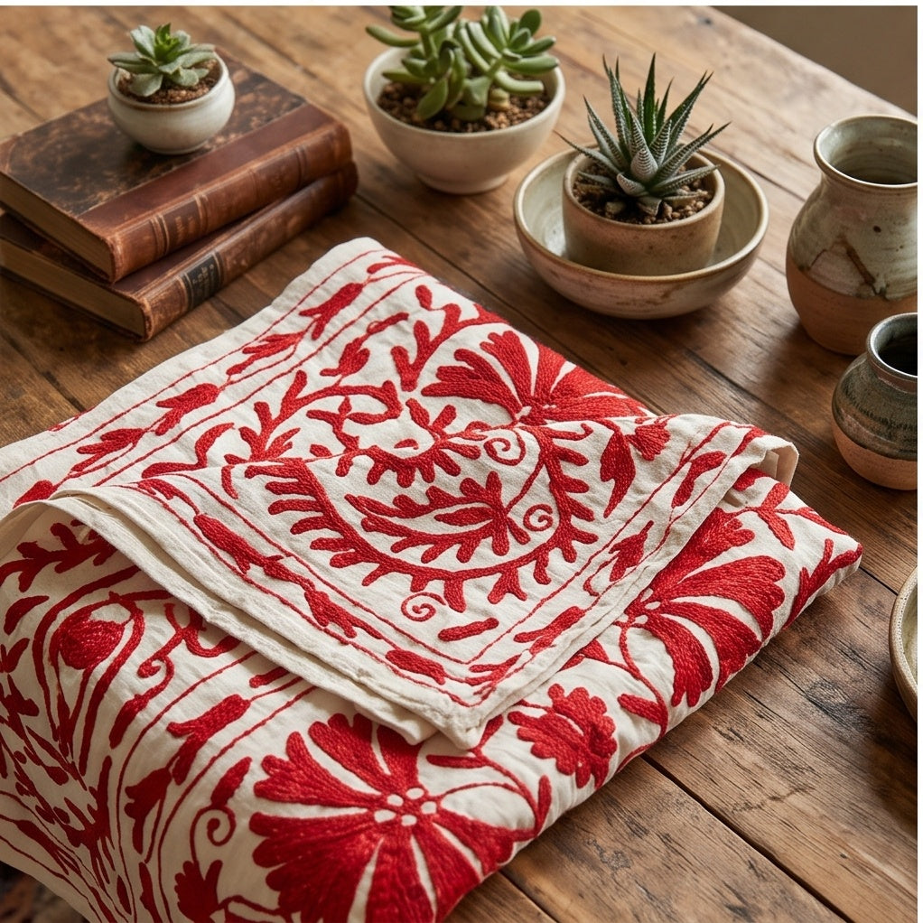 Scattered Sedge Hand-Embroidered Cotton Suzani Throw