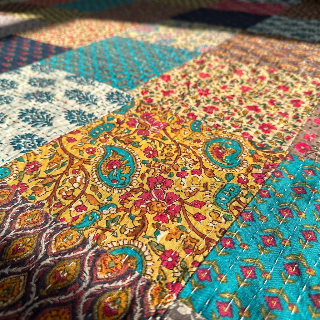 Velvet Bloom Hand blocked patchwork Kantha Bedspread