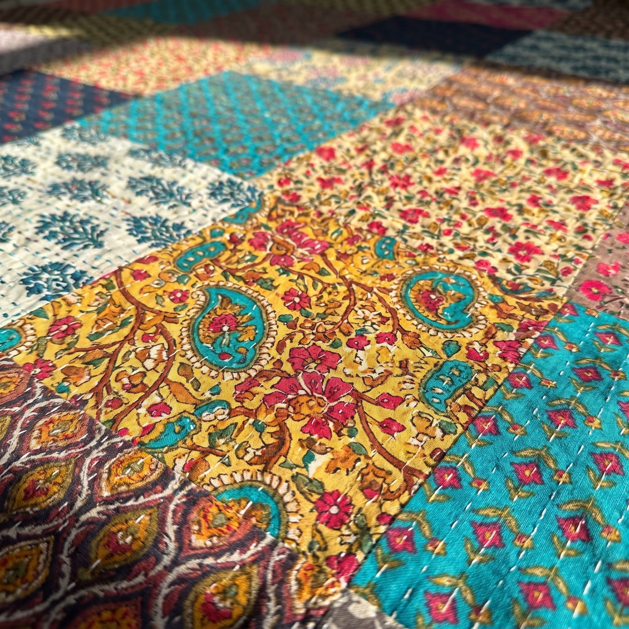 Velvet Bloom Hand blocked patchwork Kantha Bedspread