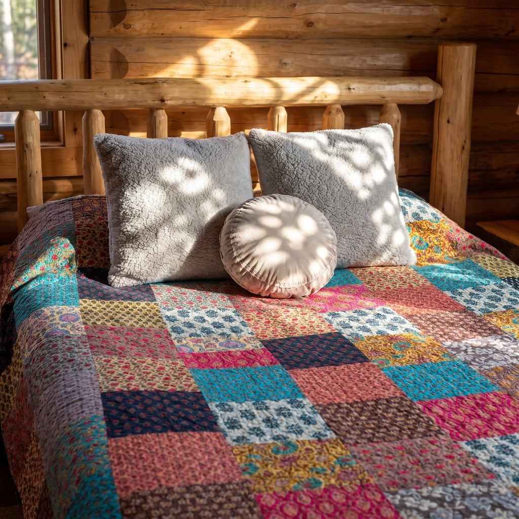 Velvet Bloom Hand blocked patchwork Kantha Bedspread
